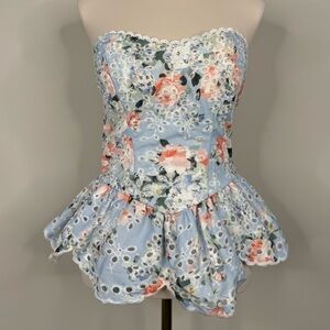 Beulah Floral Strapless Peplum Top with Eyelet details Size Large